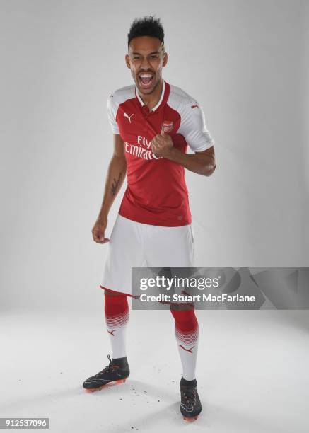 Arsenal unveil new signing Pierre-Emerick Aubameyang at London Colney on January 31, 2018 in St Albans, England.