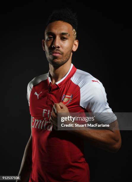 Arsenal unveil new signing Pierre-Emerick Aubameyang at London Colney on January 31, 2018 in St Albans, England.