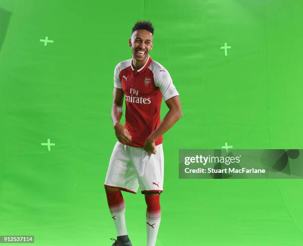 Arsenal unveil new signing Pierre-Emerick Aubameyang at London Colney on January 31, 2018 in St Albans, England.