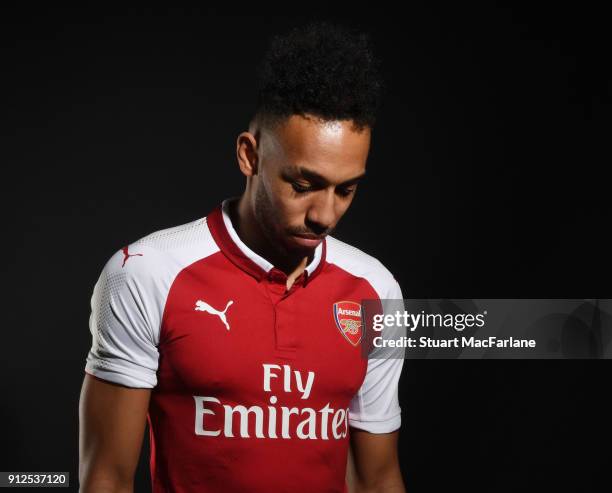 Arsenal unveil new signing Pierre-Emerick Aubameyang at London Colney on January 31, 2018 in St Albans, England.