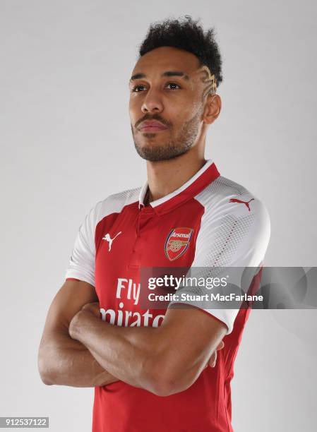 Arsenal unveil new signing Pierre-Emerick Aubameyang at London Colney on January 31, 2018 in St Albans, England.