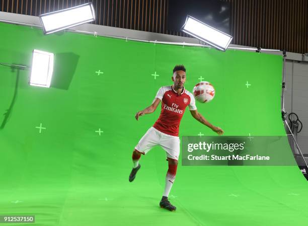 Arsenal unveil new signing Pierre-Emerick Aubameyang at London Colney on January 31, 2018 in St Albans, England.