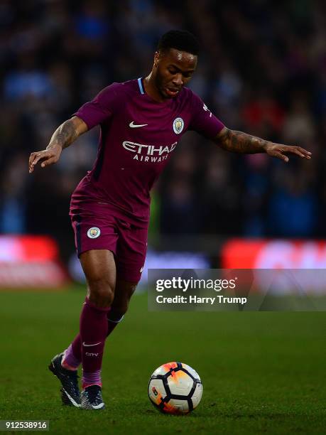 Raheem Sterling of Manchester City during The Emirates FA Cup Fourth Round match between Cardiff City and Manchester City at the Cardiff City Stadium...