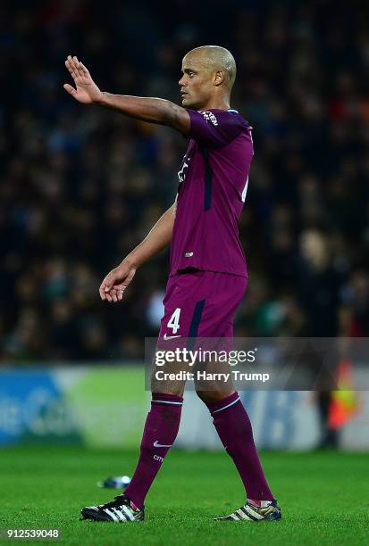 Vincent Kompany of Manchester City during The Emirates FA Cup Fourth Round match between Cardiff City and Manchester City at the Cardiff City Stadium...