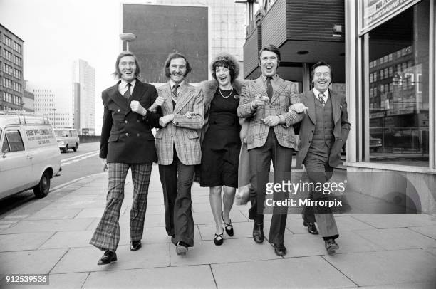 Babes in the Wood, Pantomime, Photo-call, cast members arrive for first day of rehearsals, Alexandra Theatre, Birmingham, 9th December 1974. Left to...