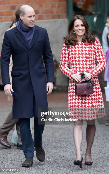 Catherine, Duchess of Cambridge and Prince William, Duke of Cambridge depart from Matteusskolan School after visiting children who have taken part in...