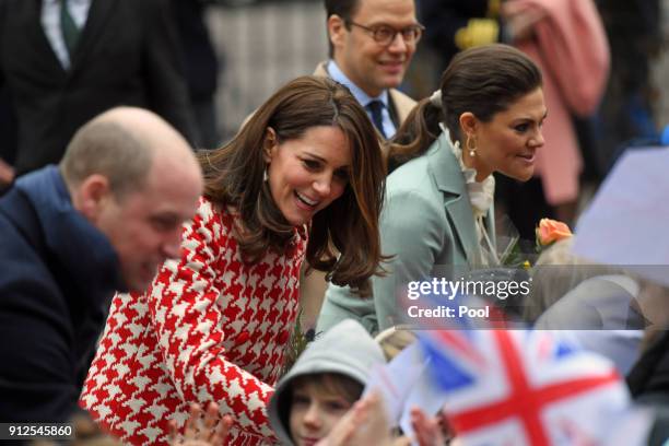 Catherine, Duchess of Cambridge and Prince William, Duke of Cambridge accompanied by Crown Princess Victoria and Prince Daniel of Sweden, arrive at...