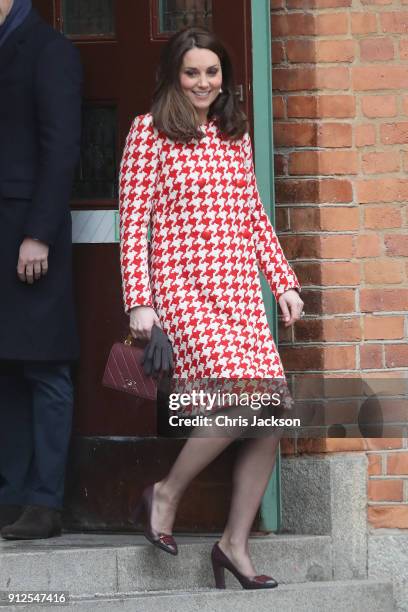 Catherine, Duchess of Cambridge and Prince William, Duke of Cambridge depart from Matteusskolan School after visiting children who have taken part in...