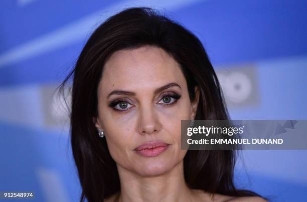 Actress and Special Envoy for the United Nations High Commissioner for Refugees Angelina Jolie addresses a press conference at the NATO Headquarters...