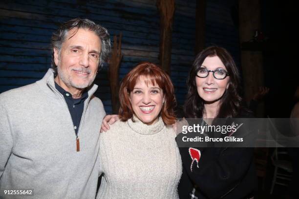 Chris Sarandon, Sharon Wheatley and Joanna Gleason pose backstage at the hit musical "Come From Away" on Broadway at The Schoenfeld Theatre on...