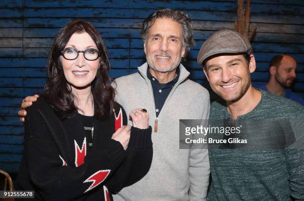Joanna Gleason, Chris Sarandon and Chad Kimball pose backstage at the hit musical "Come From Away" on Broadway at The Schoenfeld Theatre on January...