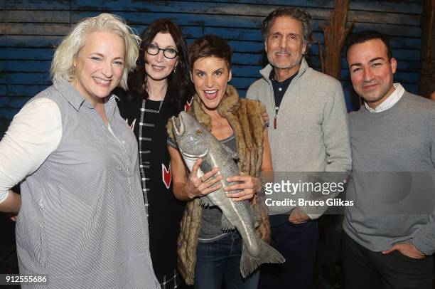 Astrid Van Wieren, Joanna Gleason, Jenn Colella,Chris Sarandon and Caesar Samayoa pose backstage at the hit musical "Come From Away" on Broadway at...