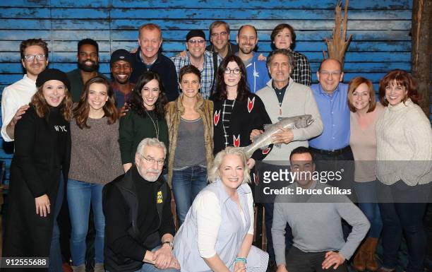 Katie Lowes, Chris Sarandon and Joanna Gleason pose with the cast backstage at the hit musical "Come From Away" on Broadway at The Schoenfeld Theatre...