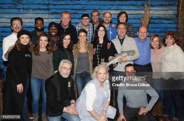 Katie Lowes, Chris Sarandon and Joanna Gleason pose with the cast backstage at the hit musical "Come From Away" on Broadway at The Schoenfeld Theatre...