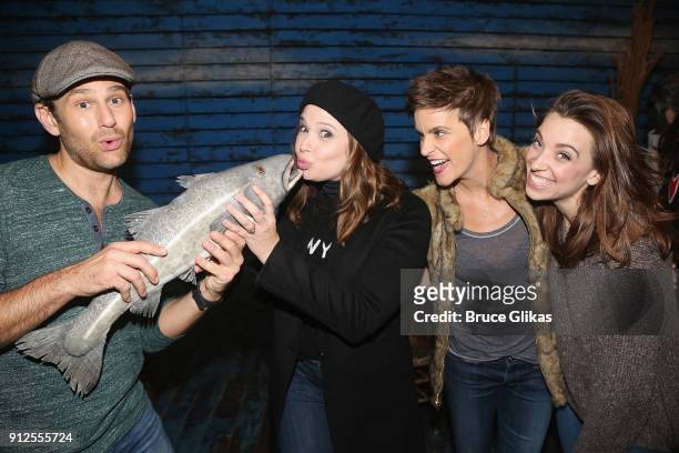 Chad Kimball, Katie Lowes, Jenn Colella and Alex Finke pose backstage at the hit musical "Come From Away" on Broadway at The Schoenfeld Theatre on...