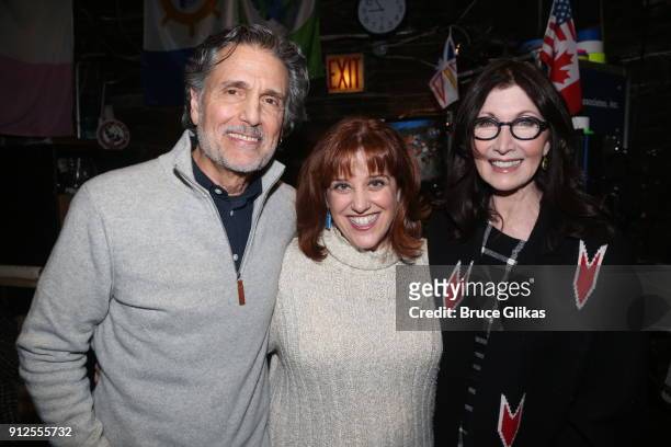 Chris Sarandon, Sharon Wheatley and Joanna Gleason pose backstage at the hit musical "Come From Away" on Broadway at The Schoenfeld Theatre on...