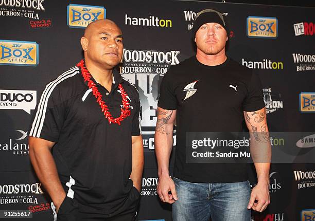 David Tua and Shane Cameron face off during a Press Conference ahead of their fight on Saturday night at Northern Steamship on September 30, 2009 in...