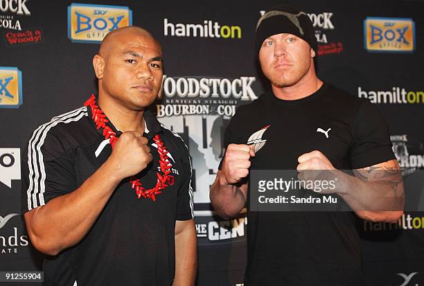 David Tua and Shane Cameron face off during a Press Conference ahead of their fight on Saturday night at Northern Steamship on September 30, 2009 in...