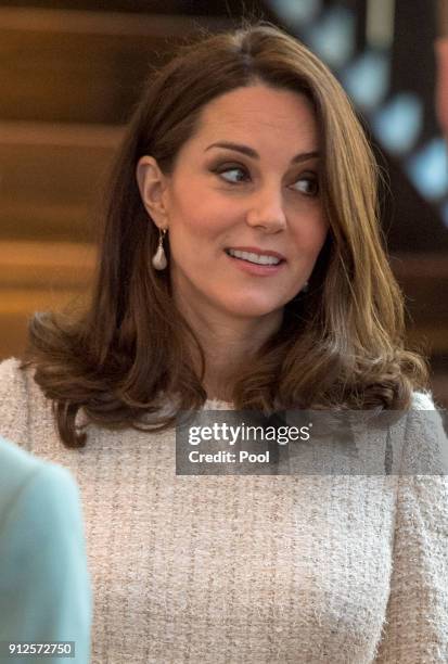 Catherine, Duchess of Cambridge meets with academics and practitioners to discuss Sweden's approach to managing mental health challenges during day...