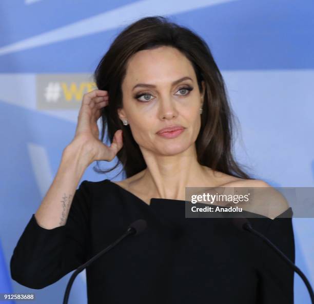 Actress and the UN refugee agency UNHCR Special Envoy Angelina Jolie and NATO Secretary General Jens Stoltenberg hold a joint press conference ahead...