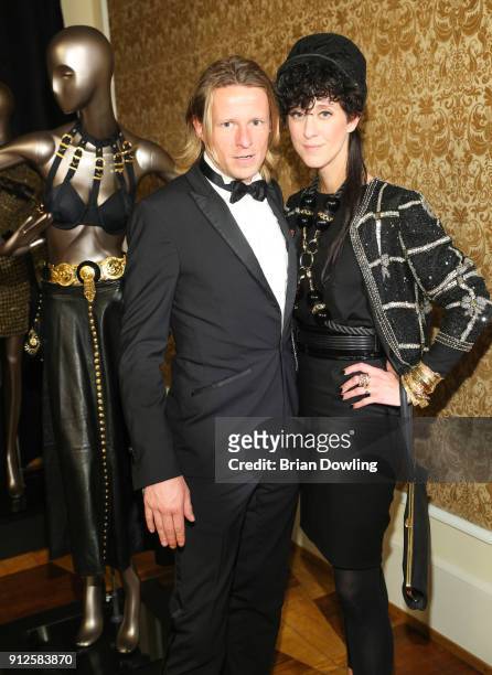 Alexander Scheer and girlfriend Esther Perbrandt during the Gianni Versace Retrospective opening event at Kronprinzenpalais on January 30, 2018 in...