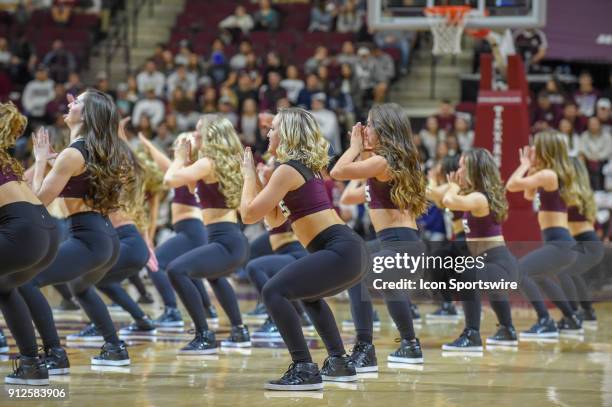 Aggie Dance Team revs up the crowd during the basketball game between the Arkansas Razorbacks and Texas A&M Aggies on January 30, 2018 at Reed Arena...