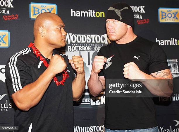 David Tua and Shane Cameron face off during a Press Conference ahead of their fight on Saturday night at Northern Steamship on September 30, 2009 in...