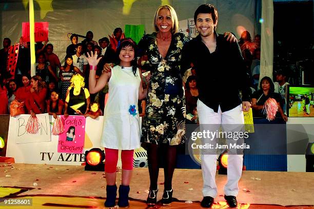 The participant Patricia the TV host Laura Bozzo and the participant Miguel Angel during the presentation of the reality show La Academia of TV...