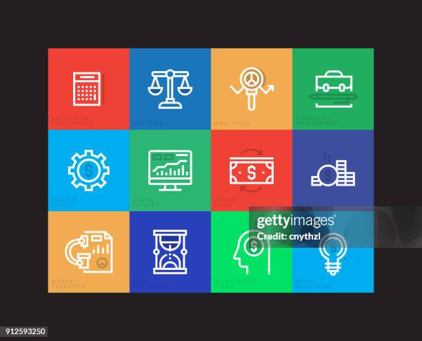 analytics and investment linear icons set - accounting computer stock illustrations