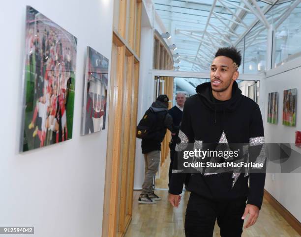 New signing Pierre-Emerick Aubameyang at the Arsenal training ground at London Colney on January 31, 2018 in St Albans, England.
