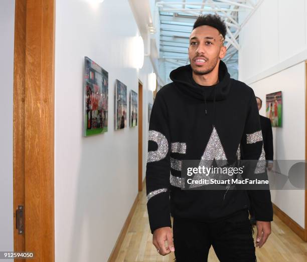 New signing Pierre-Emerick Aubameyang at the Arsenal training ground at London Colney on January 31, 2018 in St Albans, England.