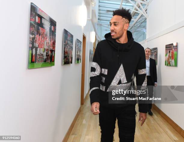 New signing Pierre-Emerick Aubameyang at the Arsenal training ground at London Colney on January 31, 2018 in St Albans, England.