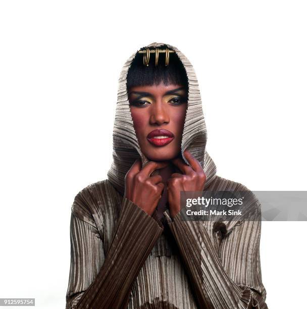 Singer and actress Grace Jones poses for a portrait wearing an Azzendine Alaia creation on August 25th, 1989 in New York City, New York.