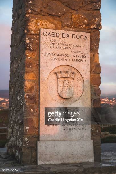 monument declaring cabo da roca as the end of europe, sintra, portugal - camões stock pictures, royalty-free photos & images