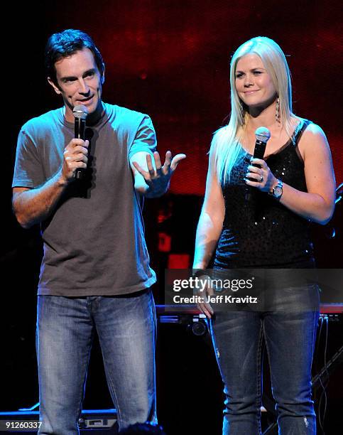 Personality Jeff Probst and actress Alison Sweeney speak onstage during the Rock A Little, Feed Alot benefit concert held at Club Nokia on September...