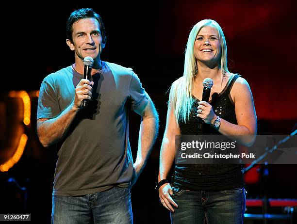 Personality Jeff Probst and actress Alison Sweeney onstage during the Rock A Little, Feed Alot benefit concert held at Club Nokia on September 29,...