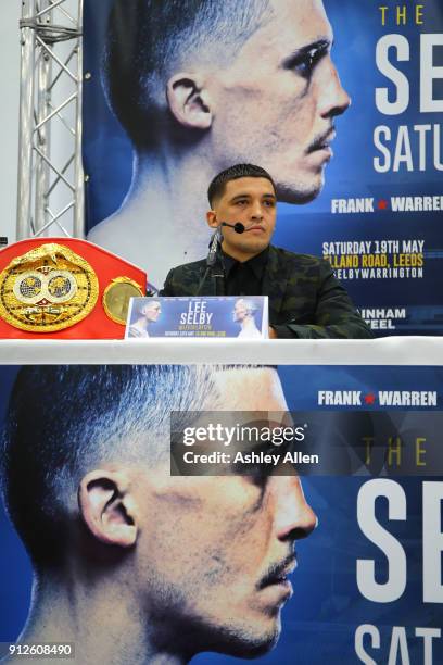 World Featherweight Champion Lee Selby during the press conference in the Norman Hunter Suite at Elland Road on January 31, 2018 in Leeds, England.