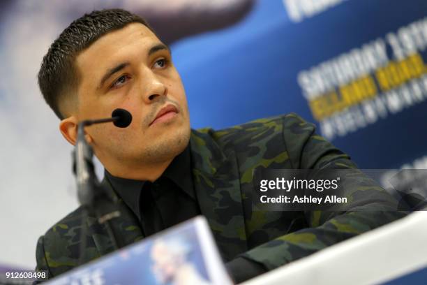 World Featherweight Champion Lee Selby during the press conference in the Norman Hunter Suite at Elland Road on January 31, 2018 in Leeds, England.