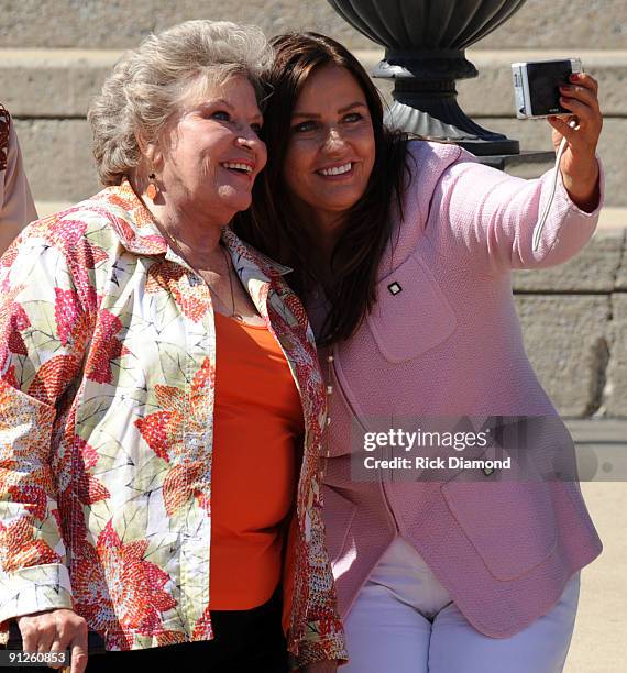 Country Music Legends Patti Page poses as Claudette Orbison takes their photo at the Nashville Music Garden dedication celebration at Hall of Fame...