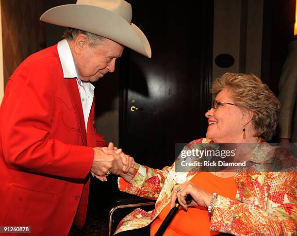 Country Music Legends Little Jimmy Dickens and Patti Page at the Nashville Music Garden dedication celebration at Hall of Fame Park on September 29,...