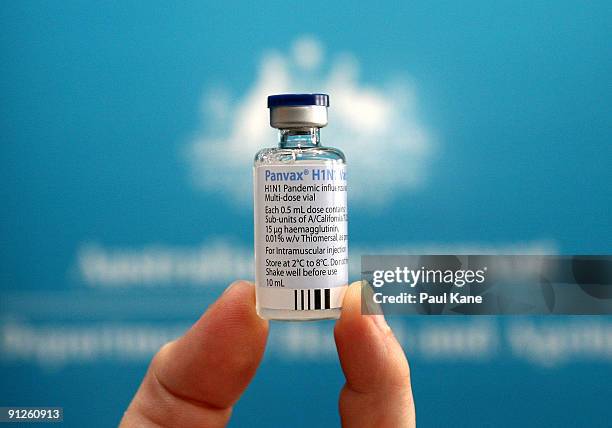 Vile of Panvax H1N1 Vaccine is displayed during the launch of the National pandemic influenza vaccination campaign by the Minister for Health and...