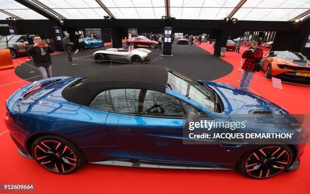 An Aston Martin "Vanquish S" is displayed at The International Automobile Festival in Paris on January 31, 2018. / AFP PHOTO / JACQUES DEMARTHON