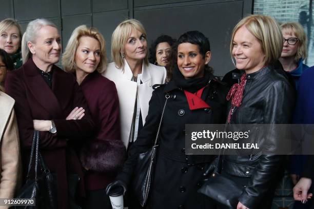 Female BBC radio and TV presenters including Nada Munchetty and Mariella Frostrup pose outside Portcullis house in London as they arrive for a...