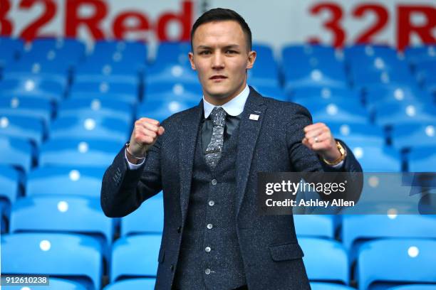 World Featherweight boxer Josh Warrington poses for a photo during the press conference in the Norman Hunter Suite at Elland Road on January 31, 2018...