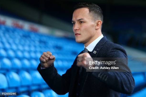World Featherweight boxer Josh Warrington during the press conference in the Norman Hunter Suite at Elland Road on January 31, 2018 in Leeds, England.