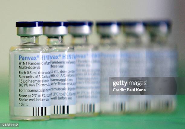 Viles of Panvax H1N1 Vaccine are displayed during the launch of the National pandemic influenza vaccination campaign by the Minister for Health and...