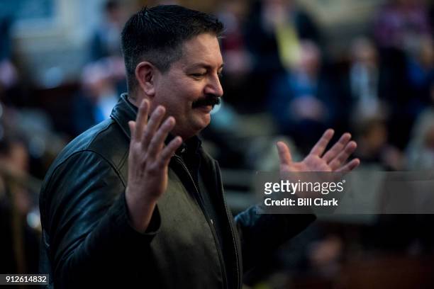 Randy Bryce, Democratic challenger to Speaker of the House Paul Ryan in Wisconsins 1st Congressional District, gestures to fellow Democrats from the...