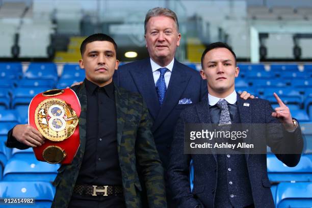 World Featherweight Champion Lee Selby fight promoter Frank Warren and challenger Josh Warrington pose for a photo during the press conference in the...