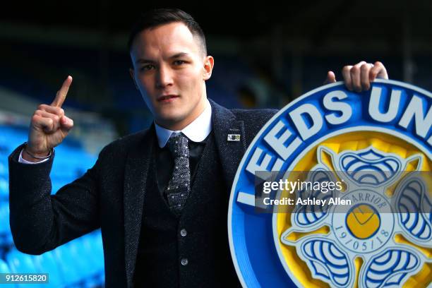 Mandatory Challenger Josh Warrington poses for a photo during the press conference in the Norman Hunter Suite at Elland Road on January 31, 2018 in...