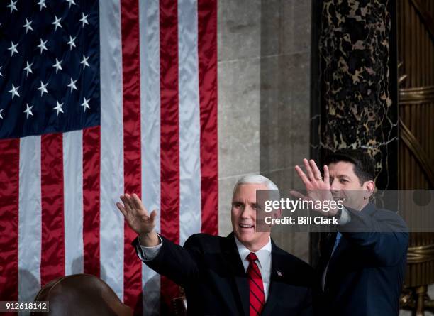 Vice President Mike Pence and Speaker of the House Paul Ryan, R-Wisc., wave to the gallery before the start of President Donald Trump's State of the...